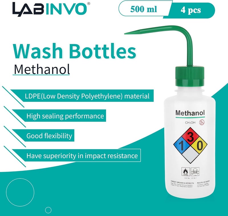 LINVO 4pcs of Methanol Wash Bottles, Vol.500ml (17oz), Narrow Mouth, Self-Venting Safety Wash Bottles, LDPE Material, IN-WBM500 - Image 1